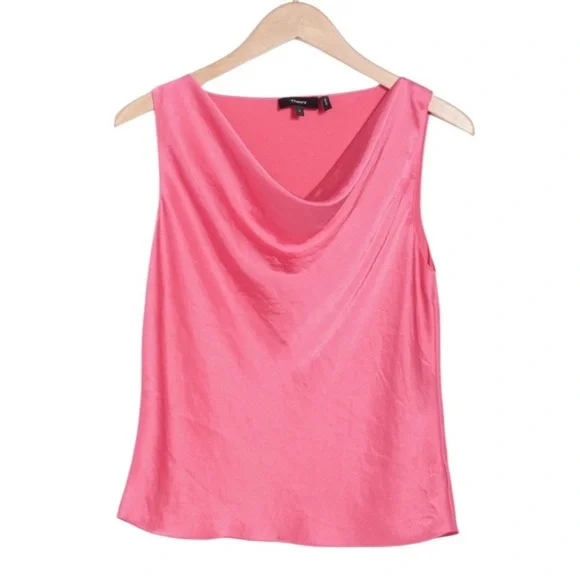 NWT Theory Sleeveless Draped Satin Cowlneck Pink Azalea Shell Size Medium - Picture 1 of 12